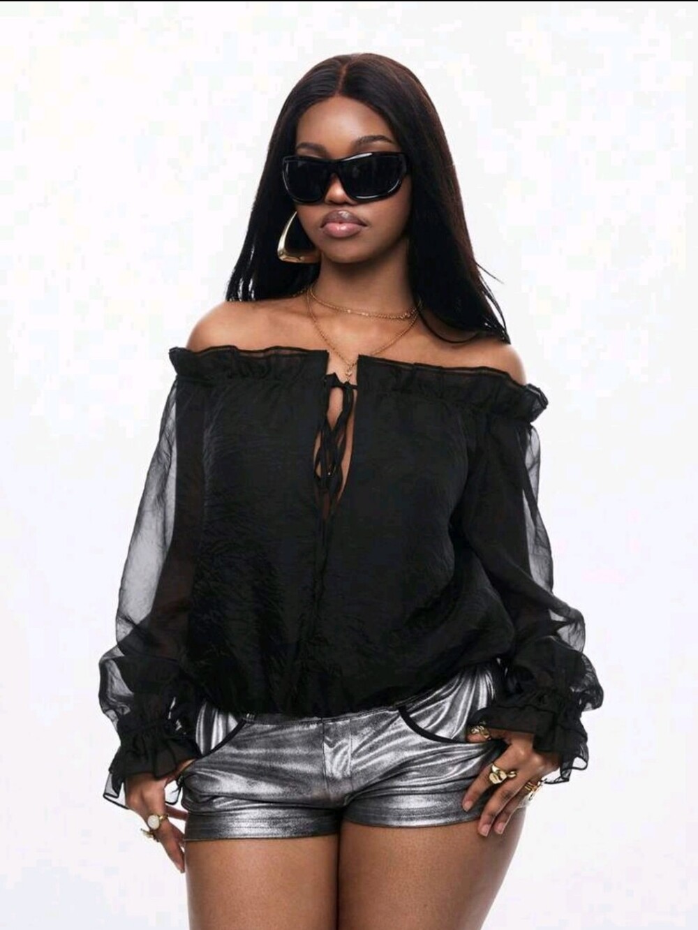 Amazon Black Off-Shoulder Sheer Tie-Front Blouse